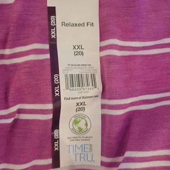 Time & Tru Women's Pink Orchid Bloom/Vivid White Cotton/Poly Striped T-Shirt NEW - Picture 9 of 11